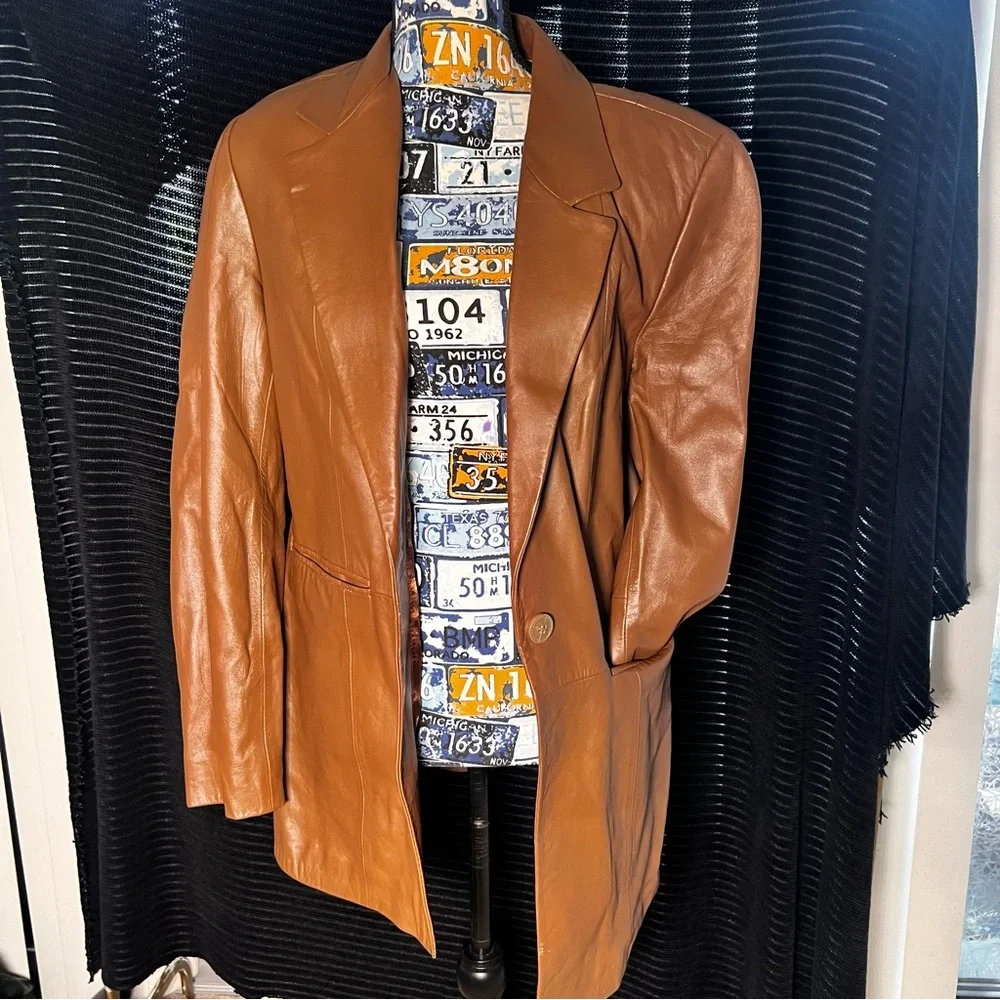 Denim&Co Genuine Leather Blazer Jacket - Medium, Caramel - Picture 2 of 8
